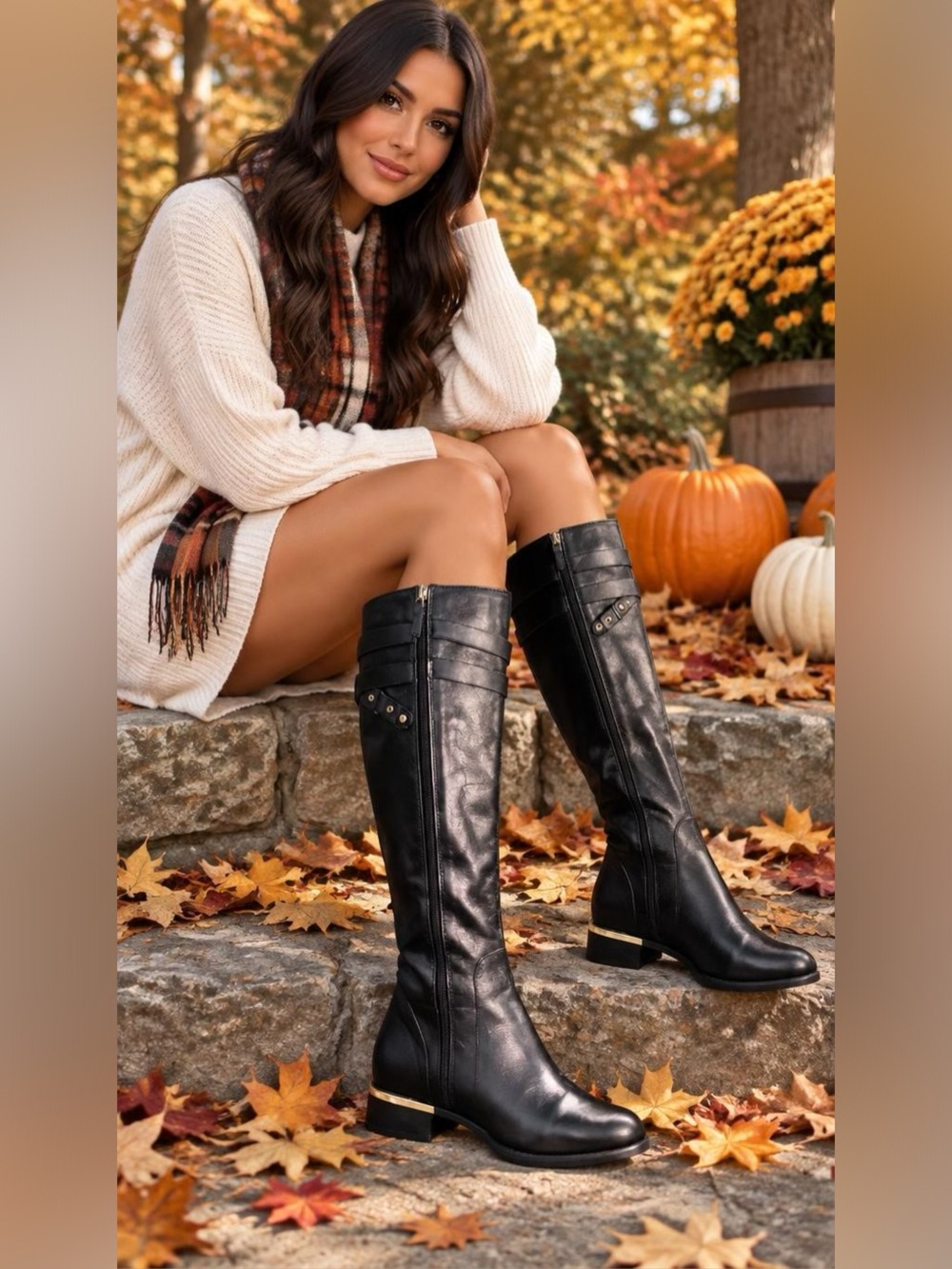 Franco Sarto Black Knee-High Riding Boots with Gold Stud Accents